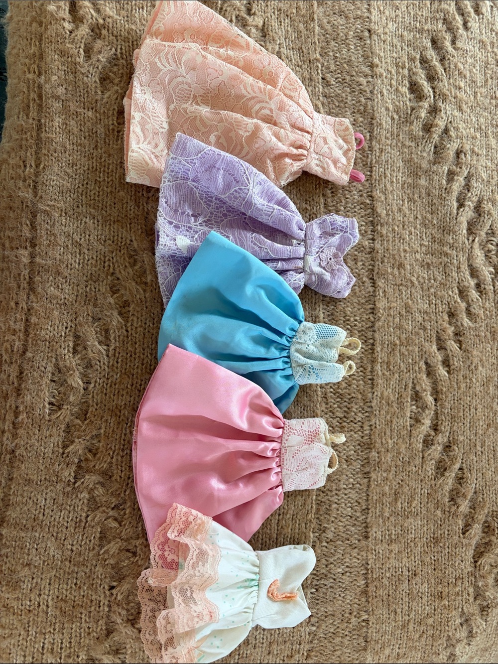 Kids Doll Dresses — Pastel Pink, Blue, Lavender, Peach & White Set